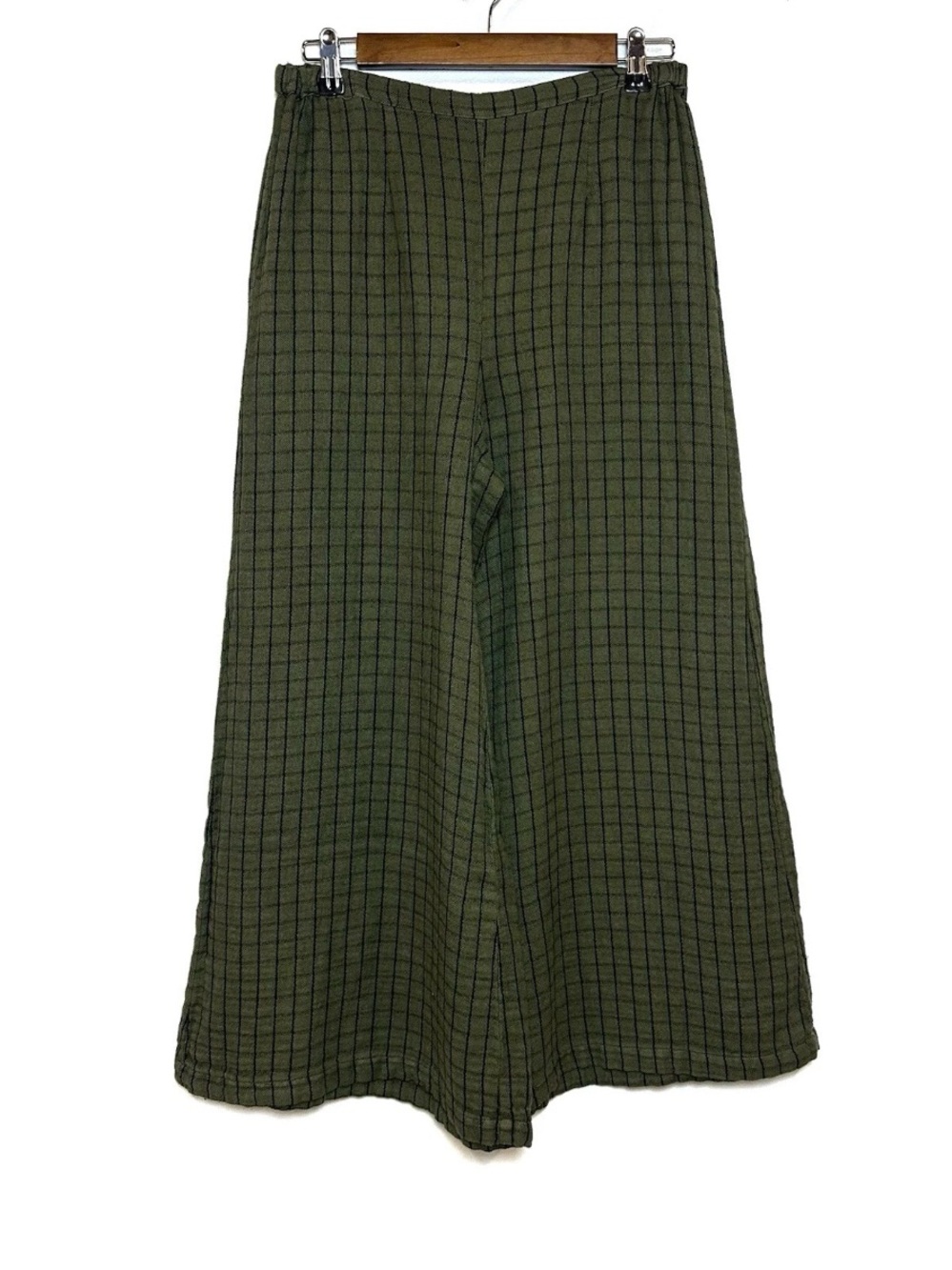 Cut Loose Wide Leg Cropped Pants Green Windowpane Plaid Linen Blend